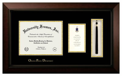 Orange Police Department Diploma with Announcement & Tassel Box Frame in Legacy Black Cherry with Black & Gold Mats for document: 8 1/2"h x 11"w  , diploma: 7"h x 4"w  