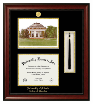 University of Illinois College of Education Double Opening with Campus Image & Tassel Box (Stacked) Frame in Avalon Mahogany with Black & Gold Mats for document: 8 1/2"h x 11"w  