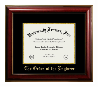 Order of the Engineer Diploma Frame in Classic Mahogany with Gold Trim with Black & Gold Mats for document: 8 1/2"h x 11"w  