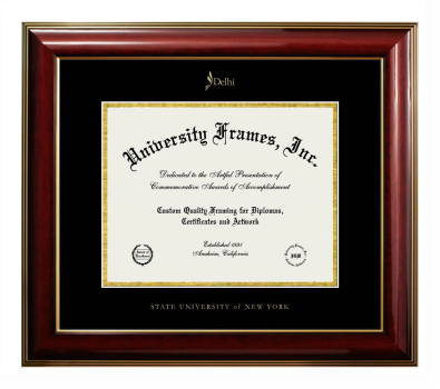 State University of New York (Delhi) Diploma Frame in Classic Mahogany with Gold Trim with Black & Gold Mats for document: 8 1/2"h x 11"w  