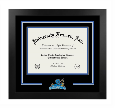 State University of New York at Fredonia Logo Mat Frame in Manhattan Black with Black & Royal Blue Mats for document: 8 1/2"h x 11"w  
