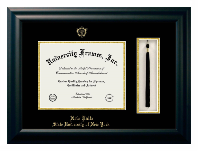 State University of New York at New Paltz Diploma with Tassel Box Frame in Satin Black with Black & Gold Mats for document: 8 1/2"h x 11"w  