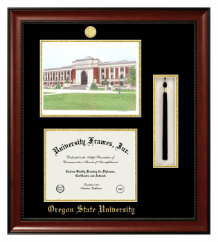 Oregon State University Double Opening with Campus Image & Tassel Box (Stacked) Frame in Avalon Mahogany with Black & Gold Mats for document: 8 1/2"h x 11"w  