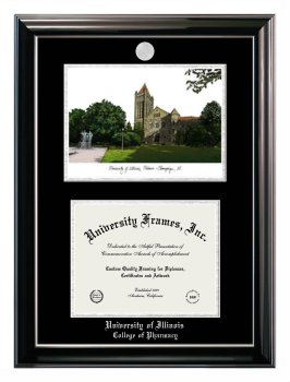 University of Illinois College of Pharmacy Double Opening with Campus Image (Stacked) Frame in Classic Ebony with Silver Trim with Black & Silver Mats for document: 8 1/2"h x 11"w  