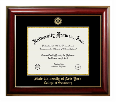 State University of New York College of Optometry Diploma Frame in Classic Mahogany with Gold Trim with Black & Gold Mats for document: 8 1/2"h x 11"w  