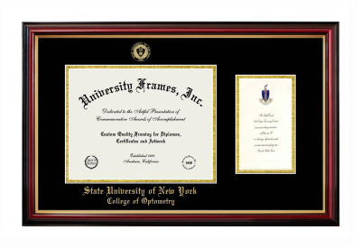 State University of New York College of Optometry Diploma with Announcement Frame in Petite Mahogany with Gold Trim with Black & Gold Mats for document: 8 1/2"h x 11"w  , diploma: 7"h x 4"w  
