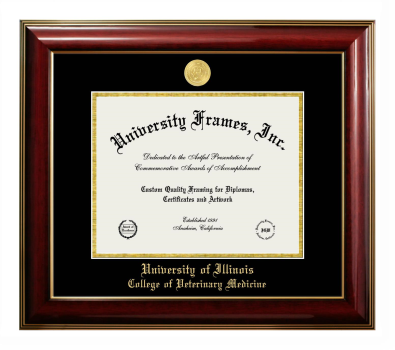 University of Illinois College of Veterinary Medicine Diploma Frame in Classic Mahogany with Gold Trim with Black & Gold Mats for document: 8 1/2"h x 11"w  