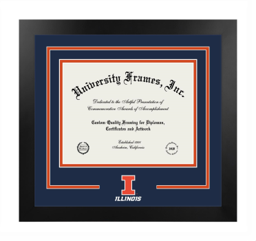 University of Illinois College of Veterinary Medicine Logo Mat Frame in Manhattan Black with Navy Blue & Orange Mats for document: 8 1/2"h x 11"w  