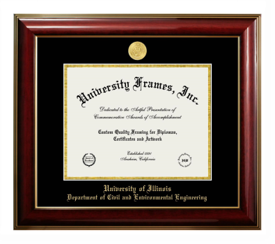 University of Illinois Department of Civil and Environmental Engineering Diploma Frame in Classic Mahogany with Gold Trim with Black & Gold Mats for document: 8 1/2"h x 11"w  