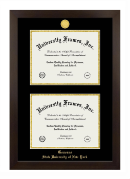 State University of New York Geneseo Double Diploma Frame in Manhattan Espresso with Black & Gold Mats for document: 8 1/2"h x 11"w  , document: 8 1/2"h x 11"w  