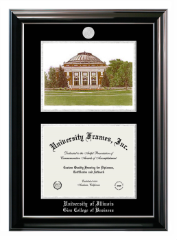 University of Illinois Gies College of Business Double Opening with Campus Image (Stacked) Frame in Classic Ebony with Silver Trim with Black & Silver Mats for document: 8 1/2"h x 11"w  