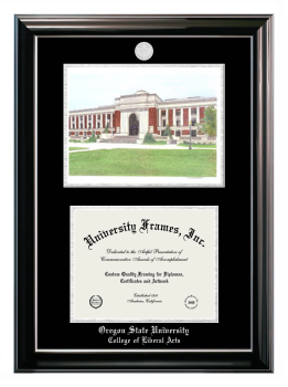 Oregon State University College of Liberal Arts Double Opening with Campus Image (Stacked) Frame in Classic Ebony with Silver Trim with Black & Silver Mats for document: 8 1/2"h x 11"w  