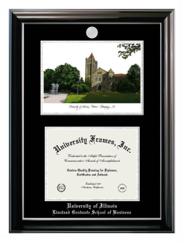 University of Illinois Liautaud Graduate School of Business Double Opening with Campus Image (Stacked) Frame in Classic Ebony with Silver Trim with Black & Silver Mats for document: 8 1/2"h x 11"w  