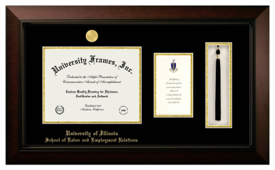 University of Illinois School of Labor and Employment Relations Diploma with Announcement & Tassel Box Frame in Legacy Black Cherry with Black & Gold Mats for document: 8 1/2"h x 11"w  , diploma: 7"h x 4"w  