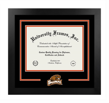 Oregon State University College of Veterinary Medicine Logo Mat Frame in Manhattan Black with Black & Orange Mats for document: 8 1/2"h x 11"w  