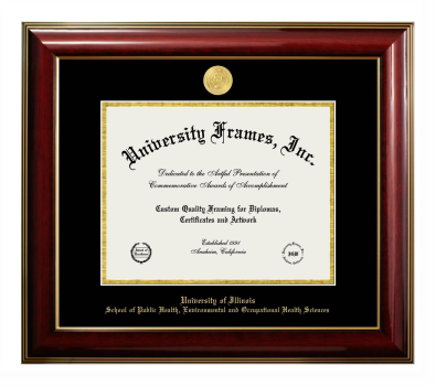 University of Illinois School of Public Health, Environmental and Occupational Health Sciences Diploma Frame in Classic Mahogany with Gold Trim with Black & Gold Mats for document: 8 1/2"h x 11"w  