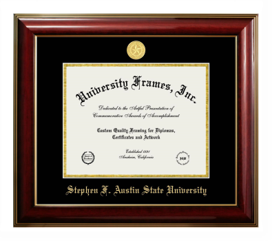 Stephen F. Austin State University Diploma Frame in Classic Mahogany with Gold Trim with Black & Gold Mats for document: 8 1/2"h x 11"w  