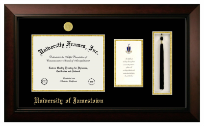 University of Jamestown Diploma with Announcement & Tassel Box Frame in Legacy Black Cherry with Black & Gold Mats for document: 8 1/2"h x 11"w  , diploma: 7"h x 4"w  