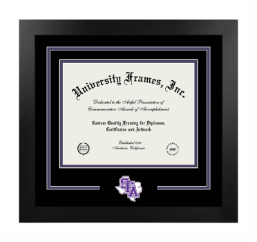 Stephen F. Austin State University James J. Perkins College of Education Logo Mat Frame in Manhattan Black with Black & Purple Mats for document: 8 1/2"h x 11"w  