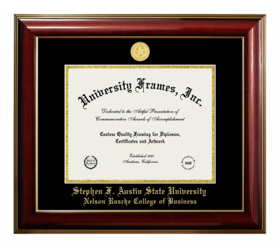 Stephen F. Austin State University Nelson Rusche College of Business Diploma Frame in Classic Mahogany with Gold Trim with Black & Gold Mats for document: 8 1/2"h x 11"w  