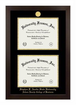 Stephen F. Austin State University Nelson Rusche College of Business Double Diploma Frame in Manhattan Espresso with Black & Gold Mats for document: 8 1/2"h x 11"w  , document: 8 1/2"h x 11"w  