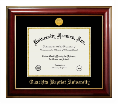 Ouachita Baptist University Diploma Frame in Classic Mahogany with Gold Trim with Black & Gold Mats for document: 8 1/2"h x 11"w  