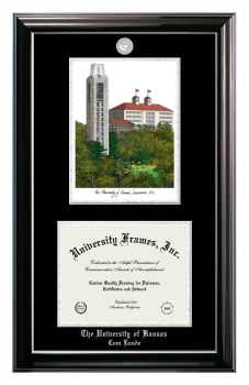 University of Kansas Cum Laude Double Opening with Campus Image (Stacked) Frame in Classic Ebony with Silver Trim with Black & Silver Mats for document: 8 1/2"h x 11"w  