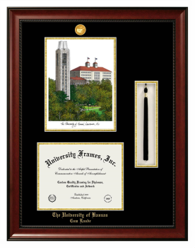 University of Kansas Cum Laude Double Opening with Campus Image & Tassel Box (Stacked) Frame in Avalon Mahogany with Black & Gold Mats for document: 8 1/2"h x 11"w  