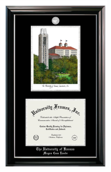 University of Kansas Magna Cum Laude Double Opening with Campus Image (Stacked) Frame in Classic Ebony with Silver Trim with Black & Silver Mats for document: 8 1/2"h x 11"w  