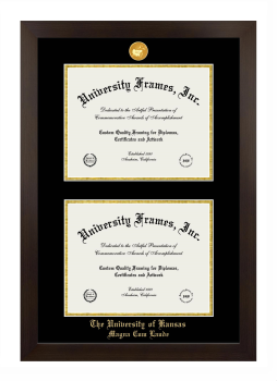 University of Kansas Magna Cum Laude Double Diploma Frame in Manhattan Espresso with Black & Gold Mats for document: 8 1/2"h x 11"w  , document: 8 1/2"h x 11"w  