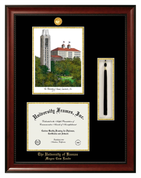 University of Kansas Magna Cum Laude Double Opening with Campus Image & Tassel Box (Stacked) Frame in Avalon Mahogany with Black & Gold Mats for document: 8 1/2"h x 11"w  