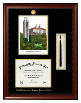 University of Kansas Medical Center Double Opening with Campus Image & Tassel Box (Stacked) Frame in Avalon Mahogany with Black & Gold Mats for document: 8 1/2"h x 11"w  