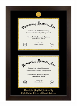 Ouachita Baptist University W.H. Sutton School of Social Sciences Double Diploma Frame in Manhattan Espresso with Black & Gold Mats for document: 8 1/2"h x 11"w  , document: 8 1/2"h x 11"w  