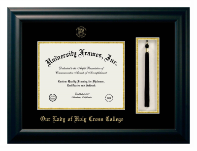 Our Lady of Holy Cross College Diploma with Tassel Box Frame in Satin Black with Black & Gold Mats for document: 8 1/2"h x 11"w  
