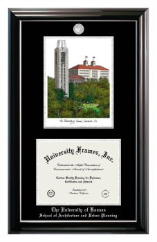 University of Kansas School of Architecture and Urban Planning Double Opening with Campus Image (Stacked) Frame in Classic Ebony with Silver Trim with Black & Silver Mats for document: 8 1/2"h x 11"w  