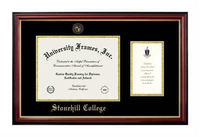 Stonehill College Diploma with Announcement Frame in Petite Mahogany with Gold Trim with Black & Gold Mats for document: 8 1/2"h x 11"w  , diploma: 7"h x 4"w  
