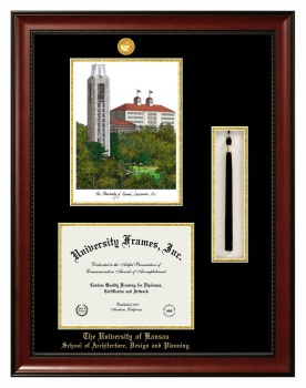 University of Kansas School of Architecture, Design and Planning Double Opening with Campus Image & Tassel Box (Stacked) Frame in Avalon Mahogany with Black & Gold Mats for document: 8 1/2"h x 11"w  