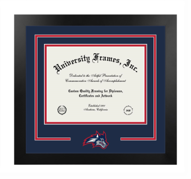 Stony Brook University Logo Mat Frame in Manhattan Black with Navy Blue & Red Mats for document: 8 1/2"h x 11"w  