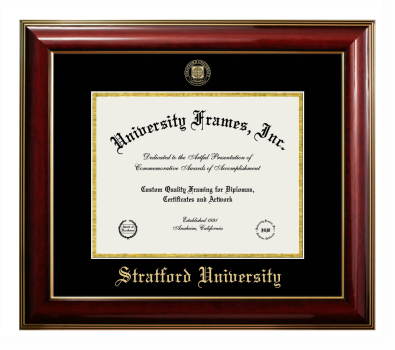 Stratford University Diploma Frame in Classic Mahogany with Gold Trim with Black & Gold Mats for document: 8 1/2"h x 11"w  