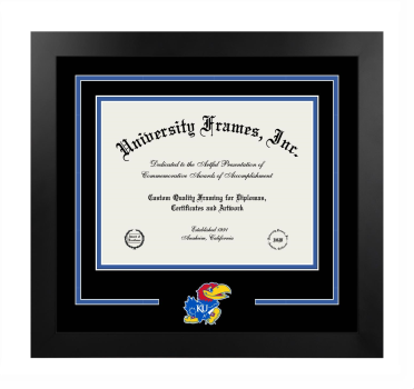 University of Kansas School of Education Logo Mat Frame in Manhattan Black with Black & Royal Blue Mats for document: 8 1/2"h x 11"w  