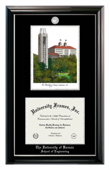 University of Kansas School of Engineering Double Opening with Campus Image (Stacked) Frame in Classic Ebony with Silver Trim with Black & Silver Mats for document: 8 1/2"h x 11"w  