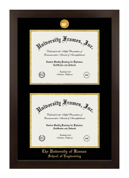 University of Kansas School of Engineering Double Diploma Frame in Manhattan Espresso with Black & Gold Mats for document: 8 1/2"h x 11"w  , document: 8 1/2"h x 11"w  