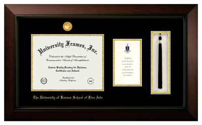 University of Kansas School of Fine Arts Diploma with Announcement & Tassel Box Frame in Legacy Black Cherry with Black & Gold Mats for document: 8 1/2"h x 11"w  , diploma: 7"h x 4"w  