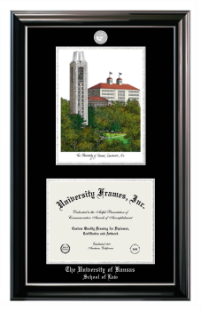 University of Kansas School of Law Double Opening with Campus Image (Stacked) Frame in Classic Ebony with Silver Trim with Black & Silver Mats for document: 8 1/2"h x 11"w  