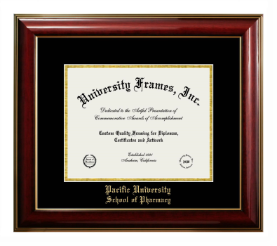 Pacific University School of Pharmacy Diploma Frame in Classic Mahogany with Gold Trim with Black & Gold Mats for document: 8 1/2"h x 11"w  