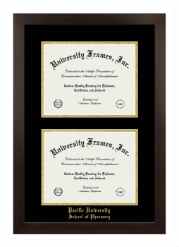 Pacific University School of Pharmacy Double Diploma Frame in Manhattan Espresso with Black & Gold Mats for document: 8 1/2"h x 11"w  , document: 8 1/2"h x 11"w  