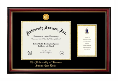 University of Kansas Summa Cum Laude Diploma with Announcement Frame in Petite Mahogany with Gold Trim with Black & Gold Mats for document: 8 1/2"h x 11"w  , diploma: 7"h x 4"w  