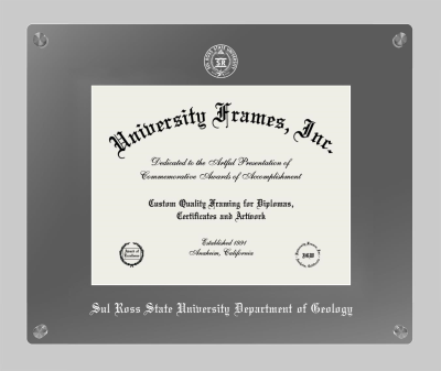 Sul Ross State University Department of Geology Lucent Clear-over-Smoke Frame in Lucent Smoke Moulding with Lucent Smoke Mat for document: 8 1/2"h x 11"w  