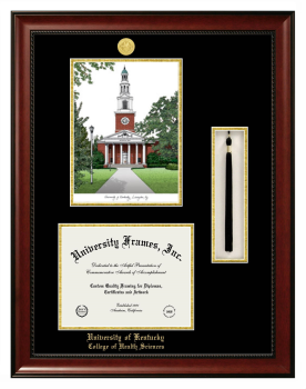University of Kentucky College of Health Sciences Double Opening with Campus Image & Tassel Box (Stacked) Frame in Avalon Mahogany with Black & Gold Mats for document: 8 1/2"h x 11"w  