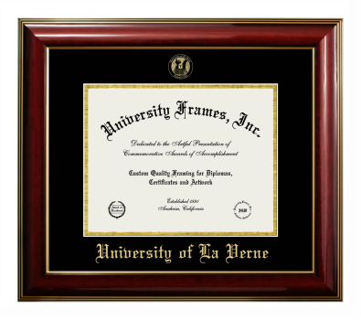 University of La Verne Diploma Frame in Classic Mahogany with Gold Trim with Black & Gold Mats for document: 8 1/2"h x 11"w  